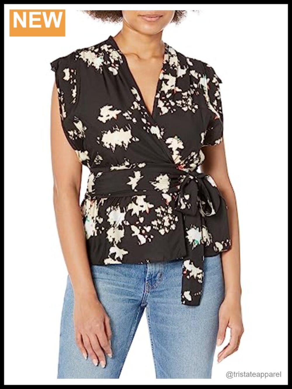 Viscose Silk Printed Ruffle Sleeveless V-Neck Blouse